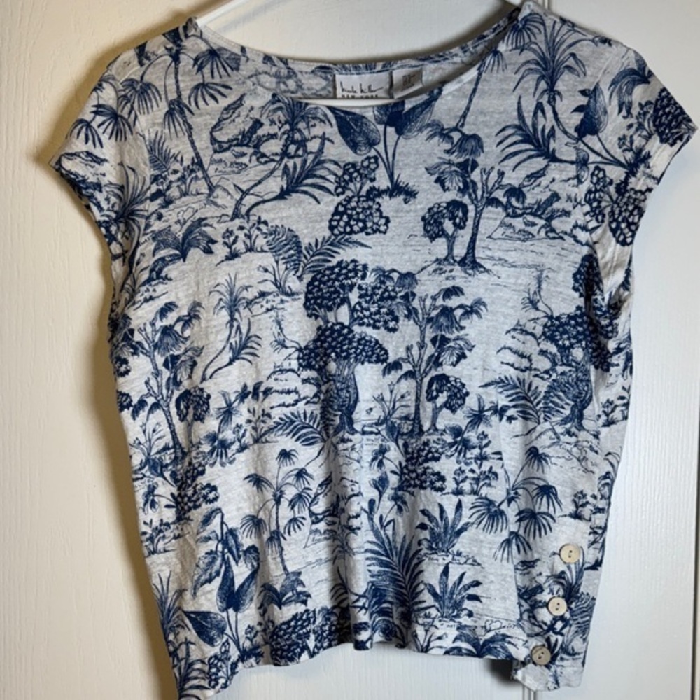 Nicole Miller Blue White 100% Linen Boxy Shirt Blouse Size Med EUC #2247